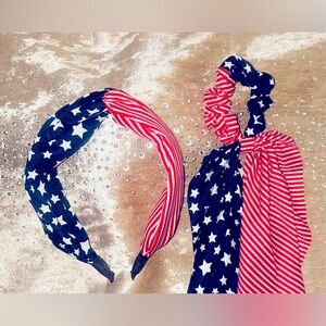 Red and Blue Star & Stripes Headband & Scrunchie Set USA American Flag New